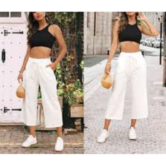 NWT SAG HARBOR LP Linen Blend Crop Pull On Drawstring High Waisted Slit Pant - Picture 1 of 13